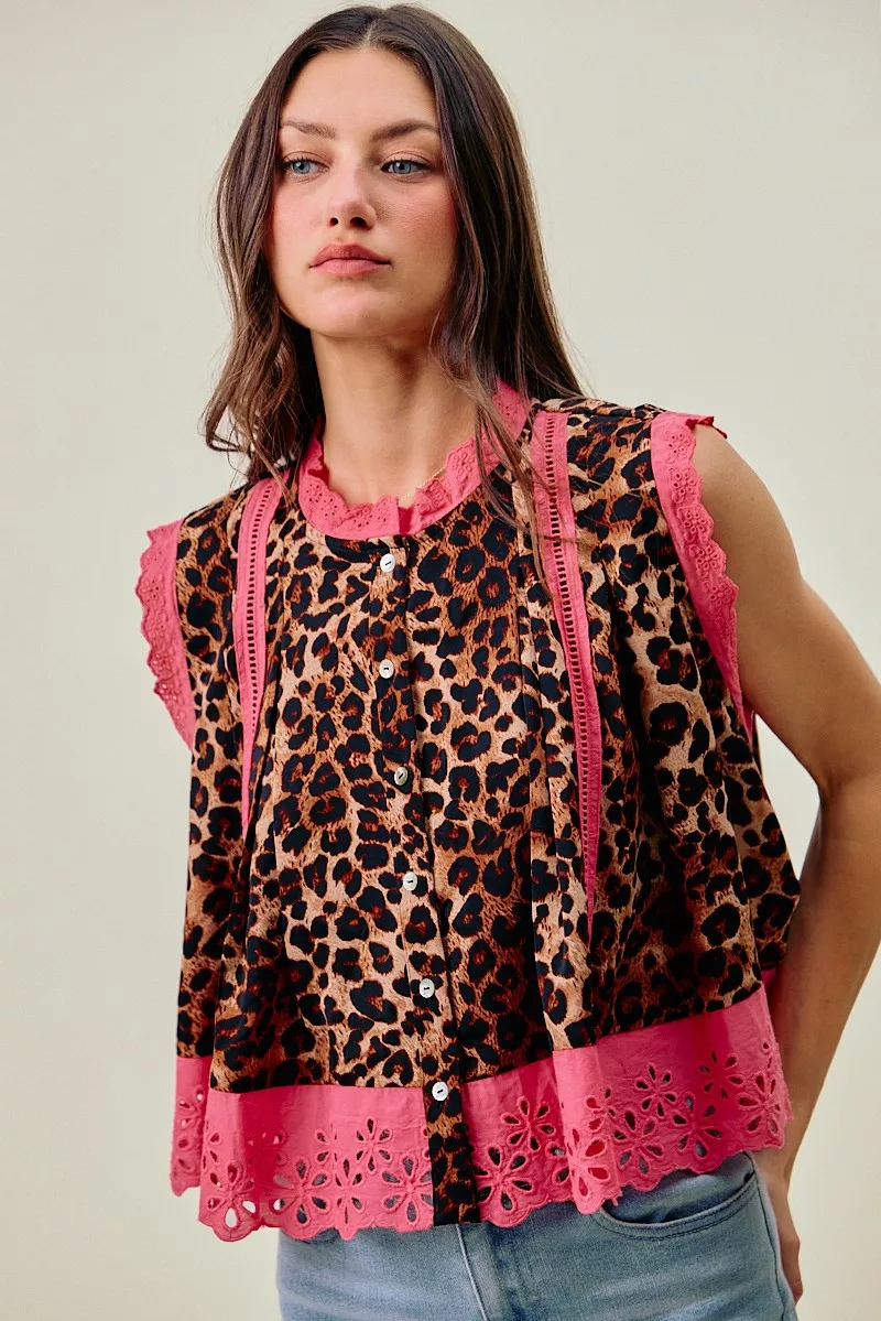 Leopard Button Up Pleated Sleeveless Blouse, image 7