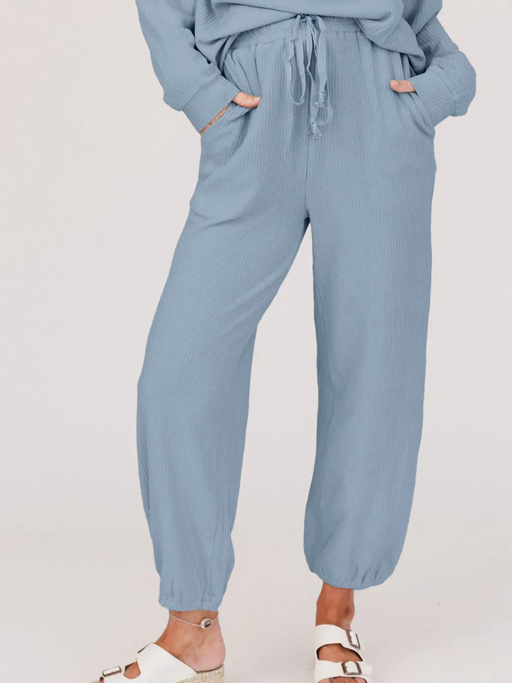 Ribbed Round Neck Sweatshirt and Drawstring Pants Set, image 2
