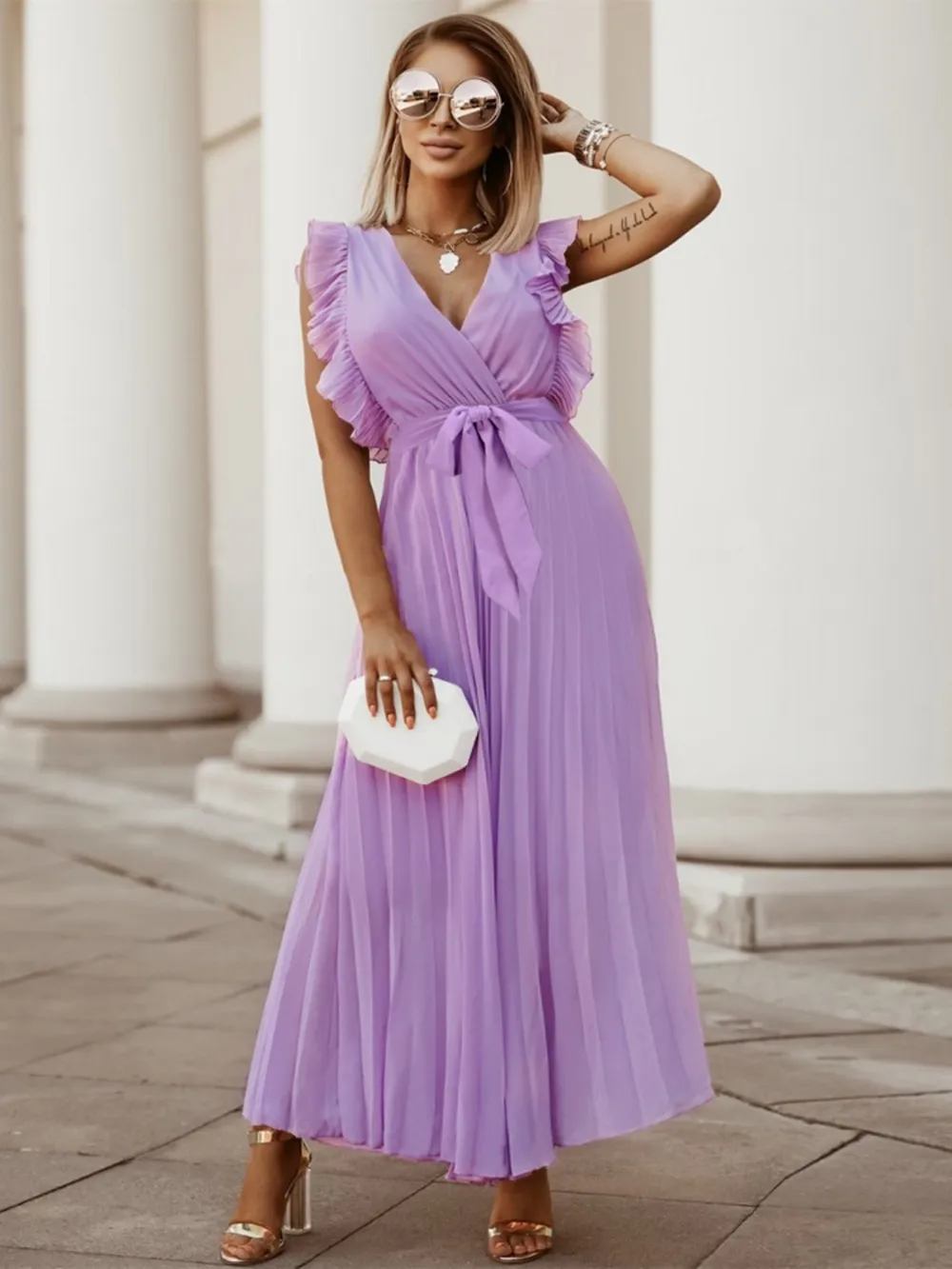 Tied Surplice Cap Sleeve Pleated Dress, image 29