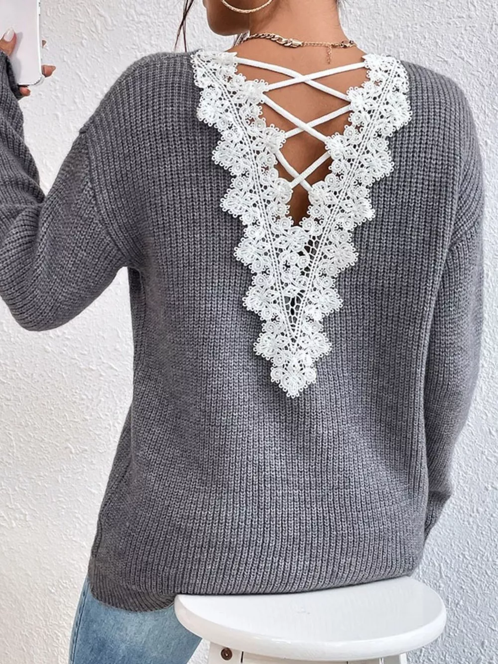 Lace-Trimmed Back V-Neck Sweater, image 5