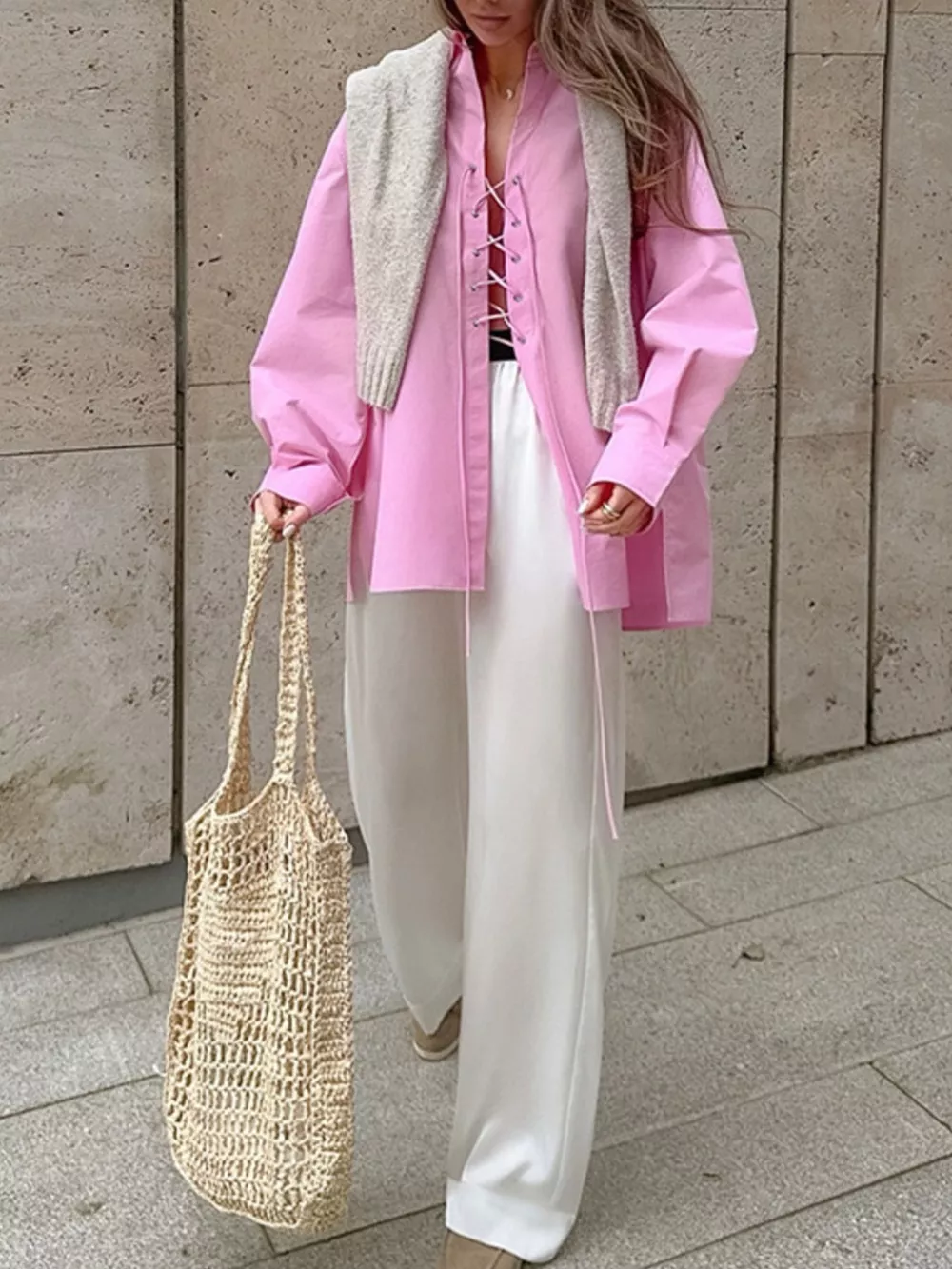 Lace-Up Front Oversized Shirt, image 5
