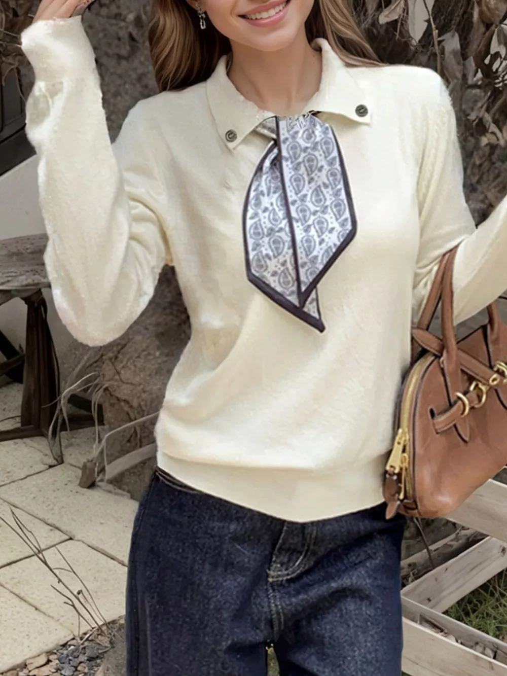 Scarf-Accented Long Sleeve Sweater, image 6