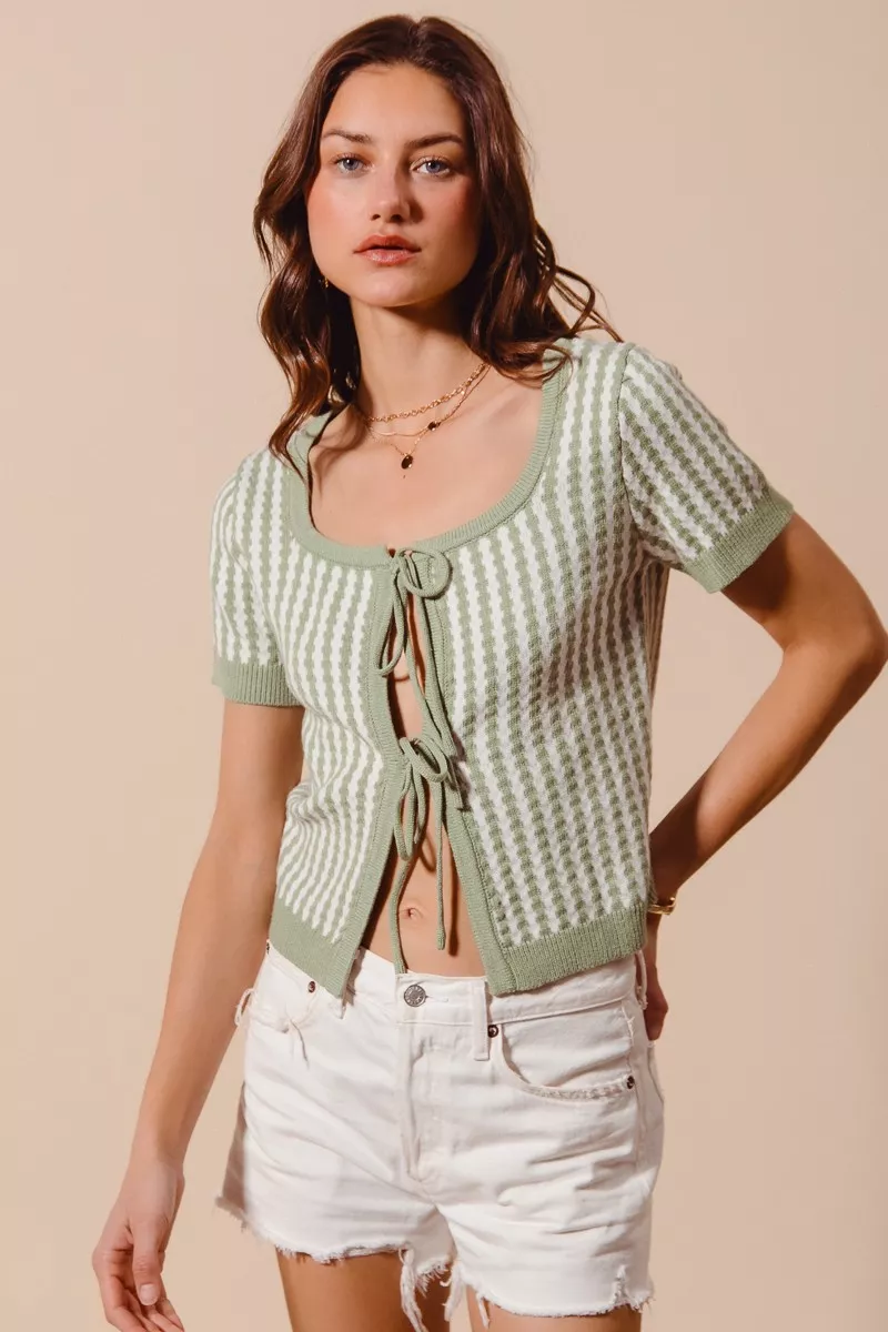 Tie Front Textured Vertical Stripe Knit Cardigan, image 5