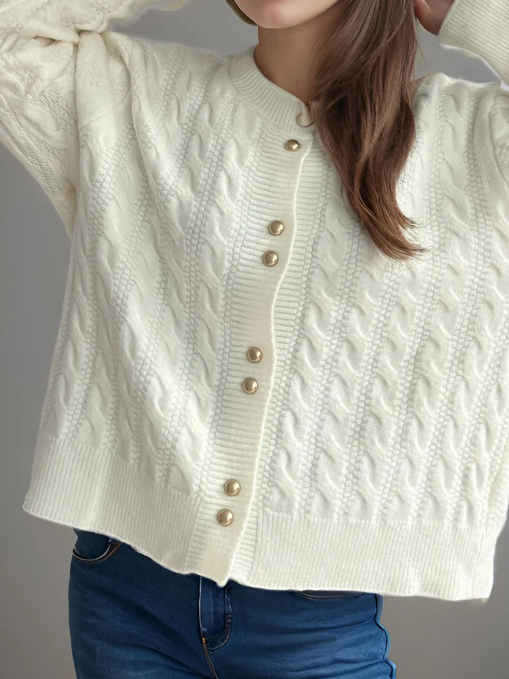Cable-Knit Round Neck Long Sleeve Cardigan, image 6