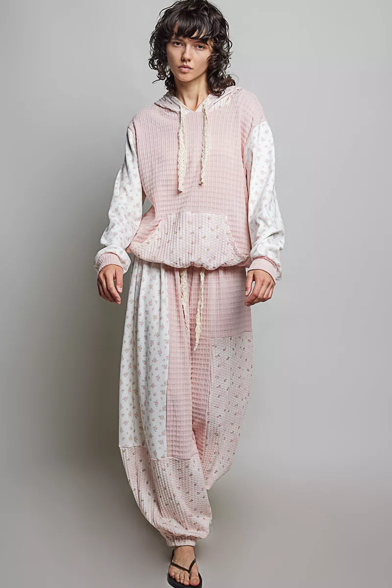 POL Mixed Knit Contrast Print Sleeve Hoodie with Kangaroo Pocket, image 5