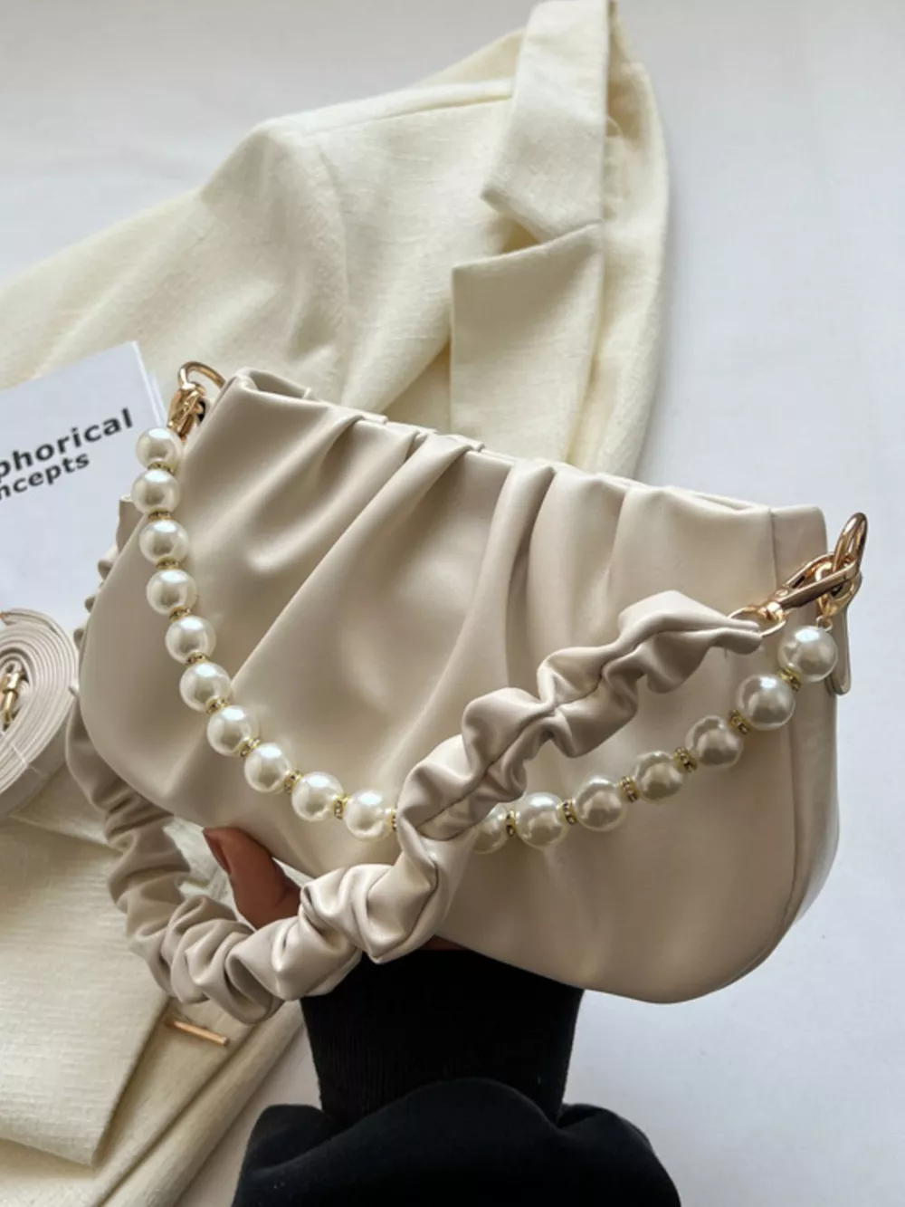 Ruched Shoulder Bag with Pearl Embellishment, image 7