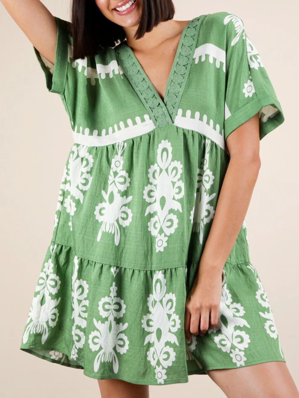Printed V-Neck Short Sleeve Mini Dress, image 11