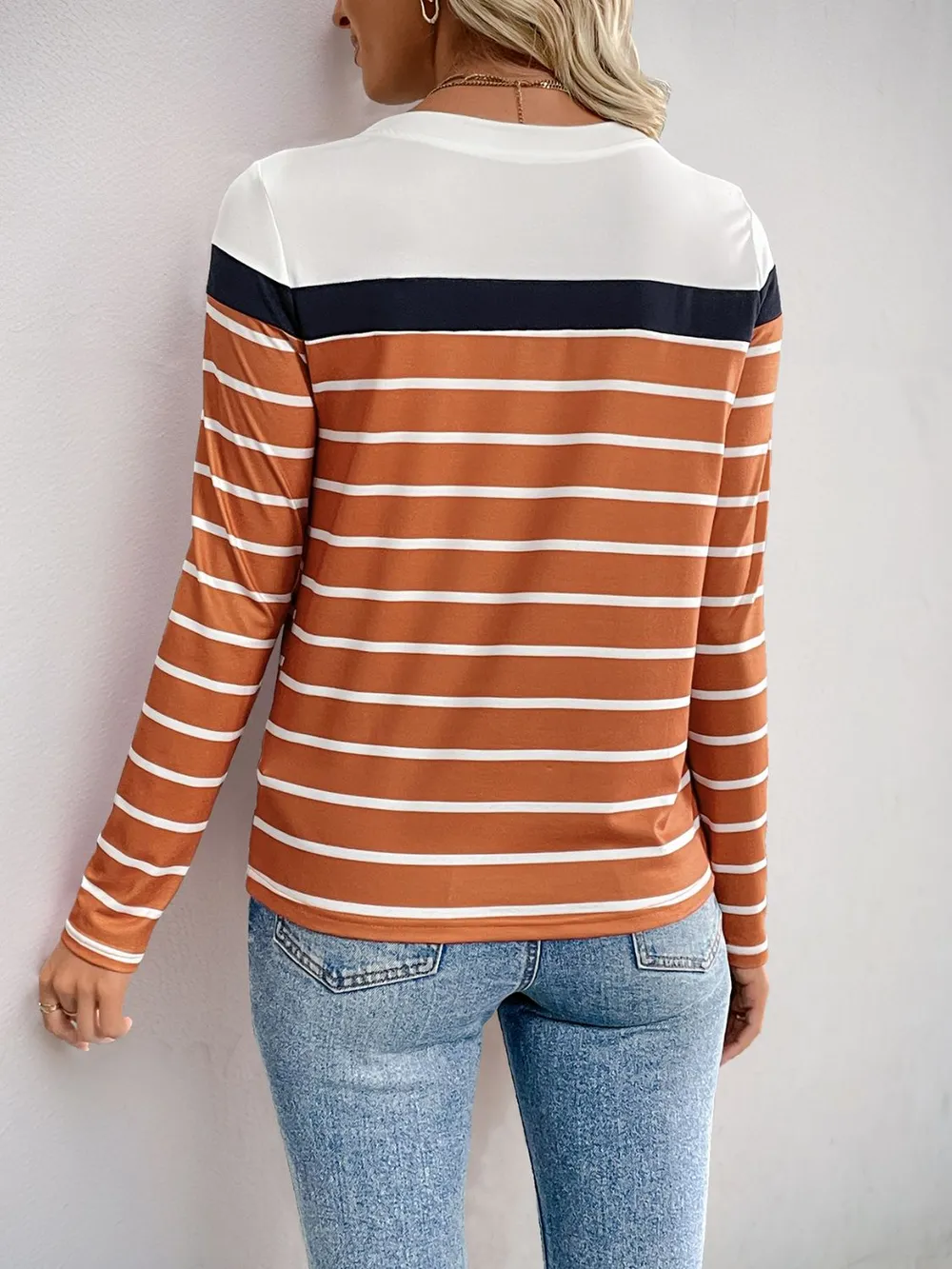 Contrast Striped Round Neck Long Sleeve T-Shirt, image 2