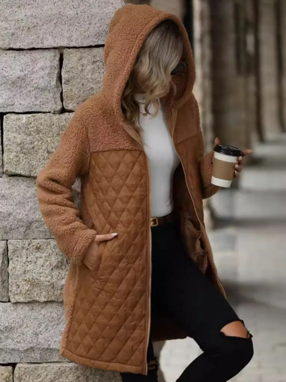 Texture Zip Up Long Sleeve Hooded Coat, image 9