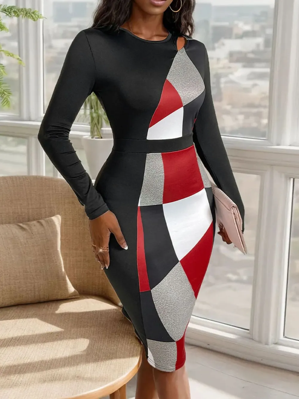 Cutout Color Block Round Neck Long Sleeve Dress, image 3