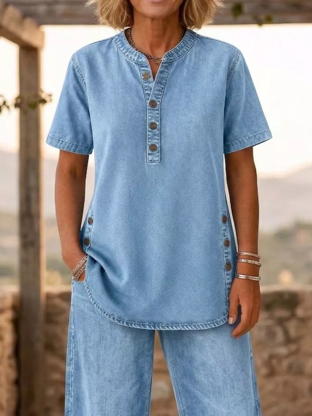 Full Size Casual Half-Button Top and Cropped Pants Denim Set Plus Size, image 2