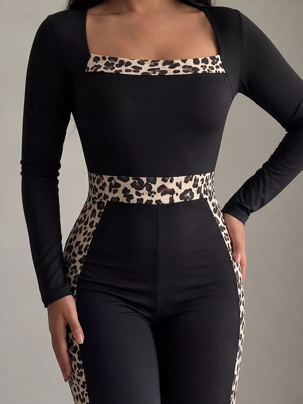 Leopard Trim Long Sleeve Jumpsuit, image 6
