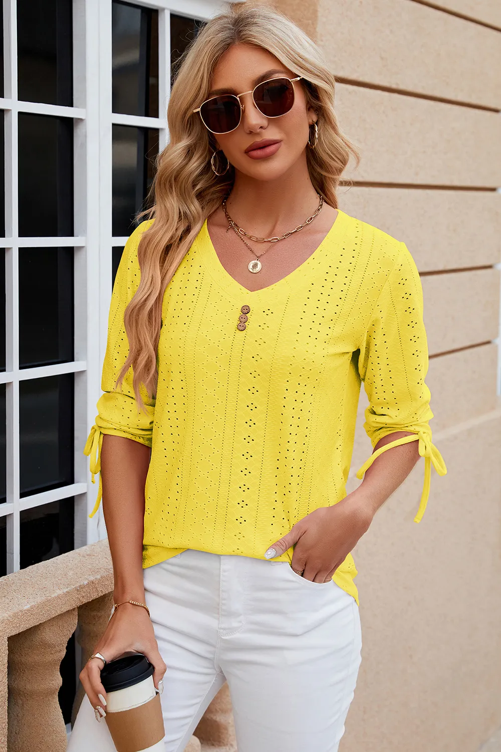 Eyelet Drawstring V-Neck Half Sleeve T-Shirt, image 23