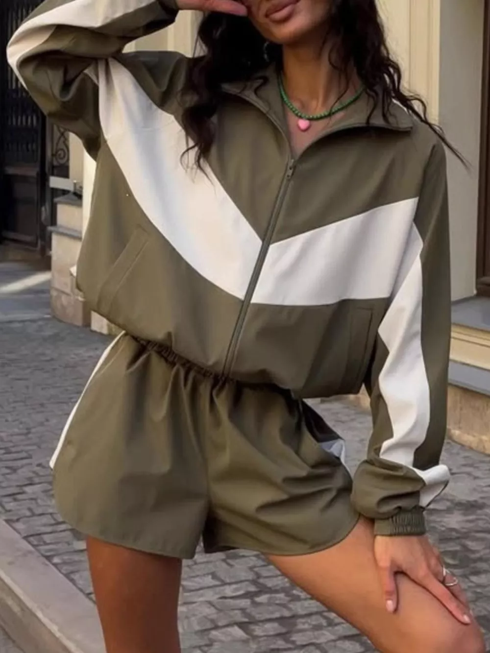 Color Block Zip Up Outerwear and Shorts Set, image 10