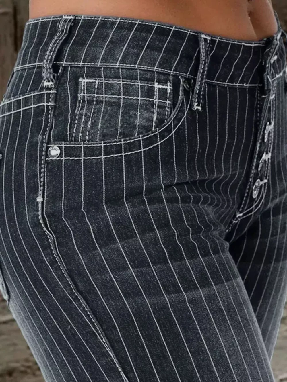 Striped Button Fly Flare Jeans, image 10