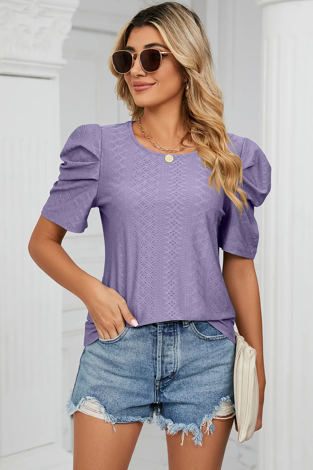 Eyelet Round Neck Puff Sleeve T-Shirt, image 19