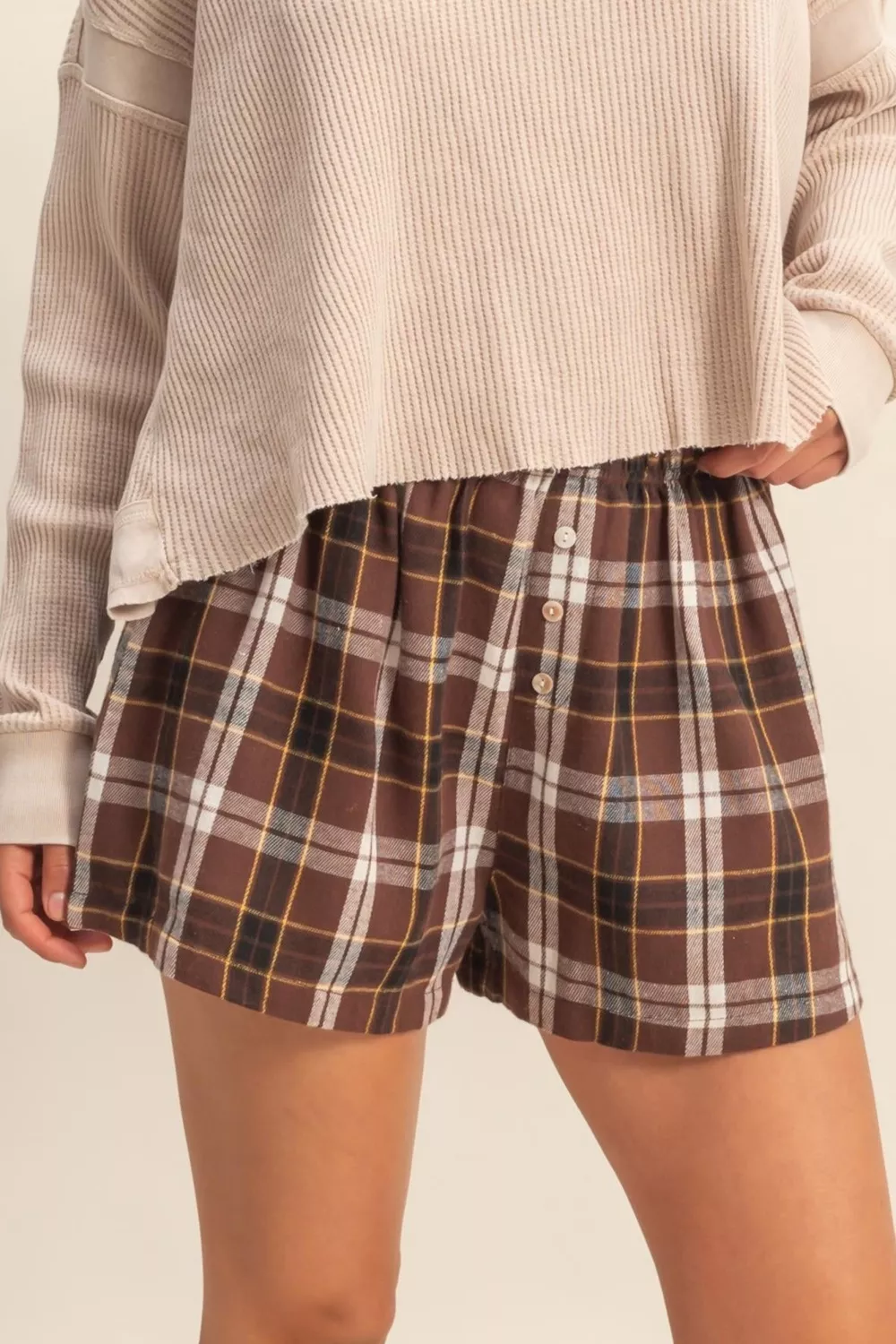 Plaid Button Front Elastic Waist Shorts, image 4