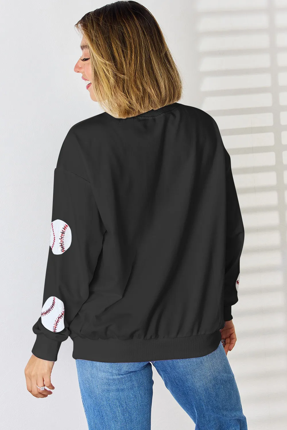 Sequin Baseball Round Neck Dropped Shoulder Sweatshirt, image 7