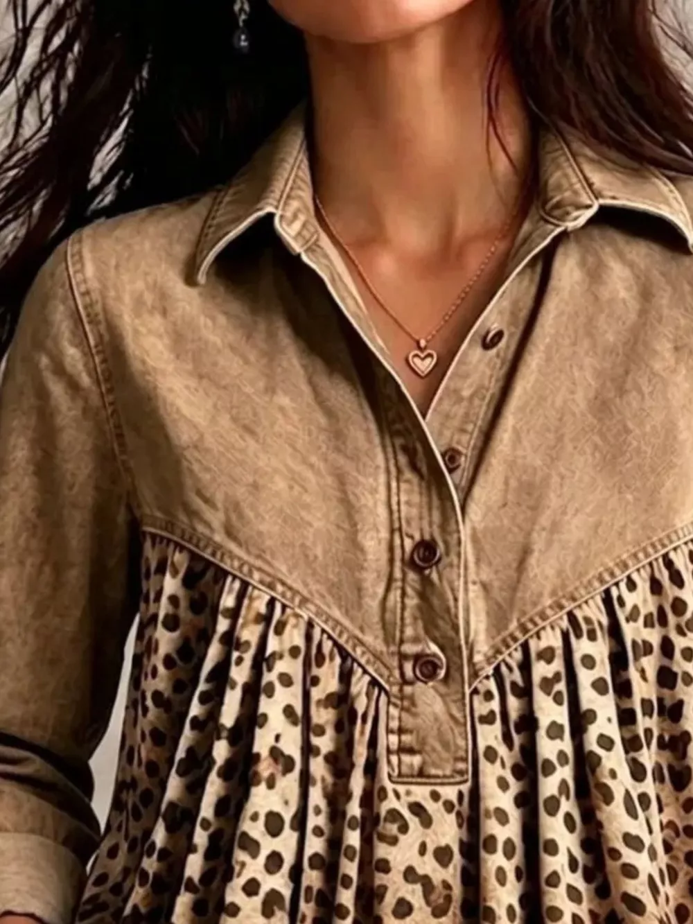Full Size Leopard Button Detail Blouse Plus Size, image 6