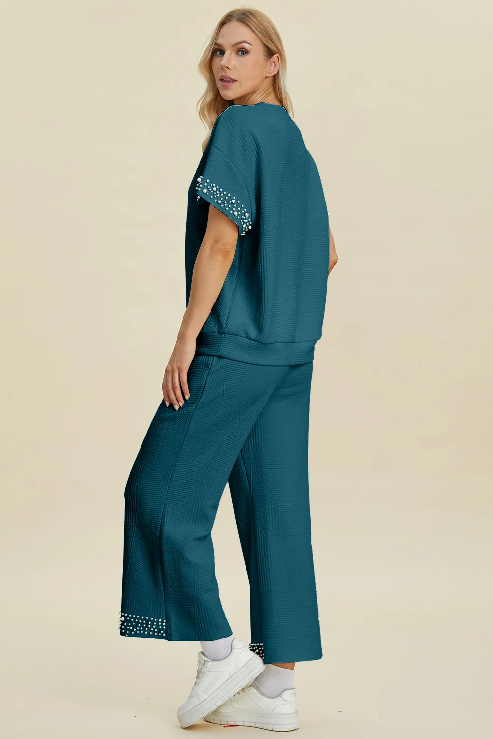 Full Size Pearl Detail Round Neck Top and Pants Set, image 6