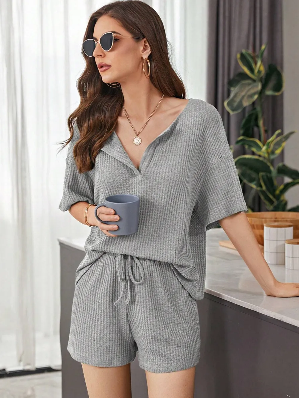 Full Size Waffle-Knit Dropped Shoulder Top and Shorts Set, image 5
