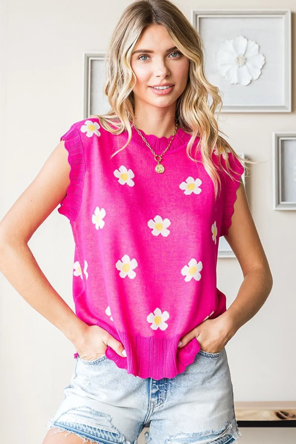 Full Size Flower Pattern Round Neck Sweater Vest, image 4
