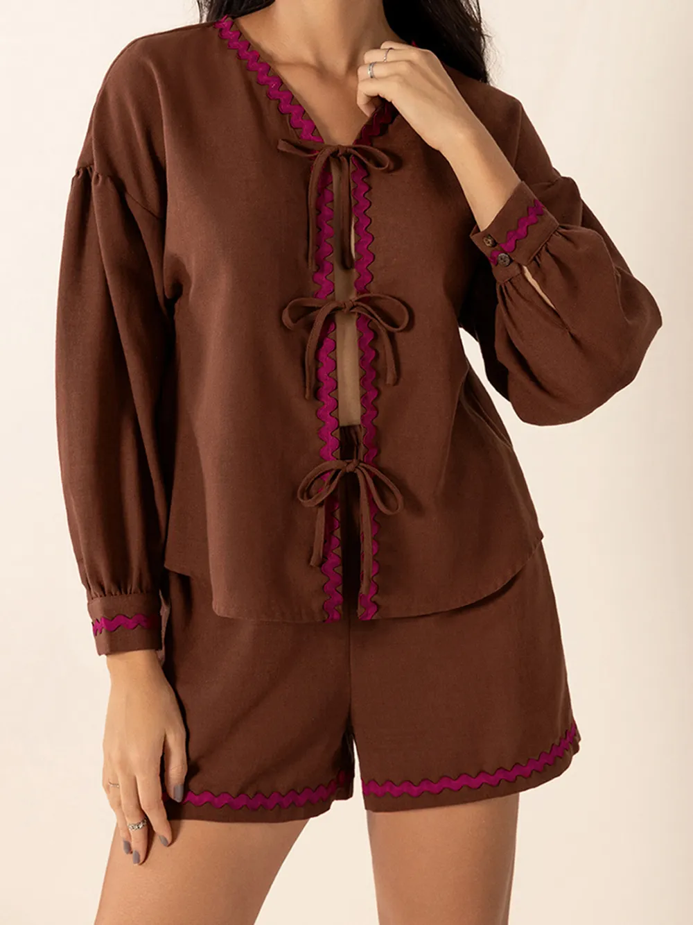 Tied V-Neck Long Sleeve Top and Shorts Set, image 3
