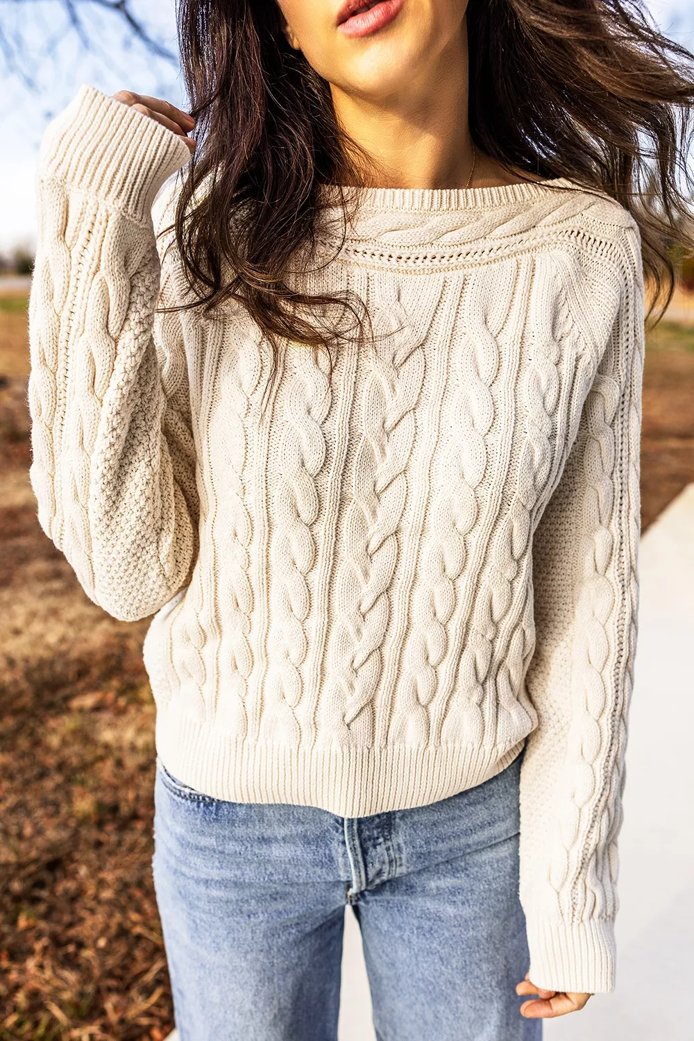 Drop Shoulder Round Neck Cable Knit Sweater, image 4