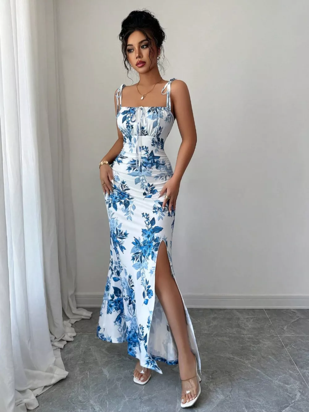 Printed Tie Strap Slit Maxi Dress, image 9