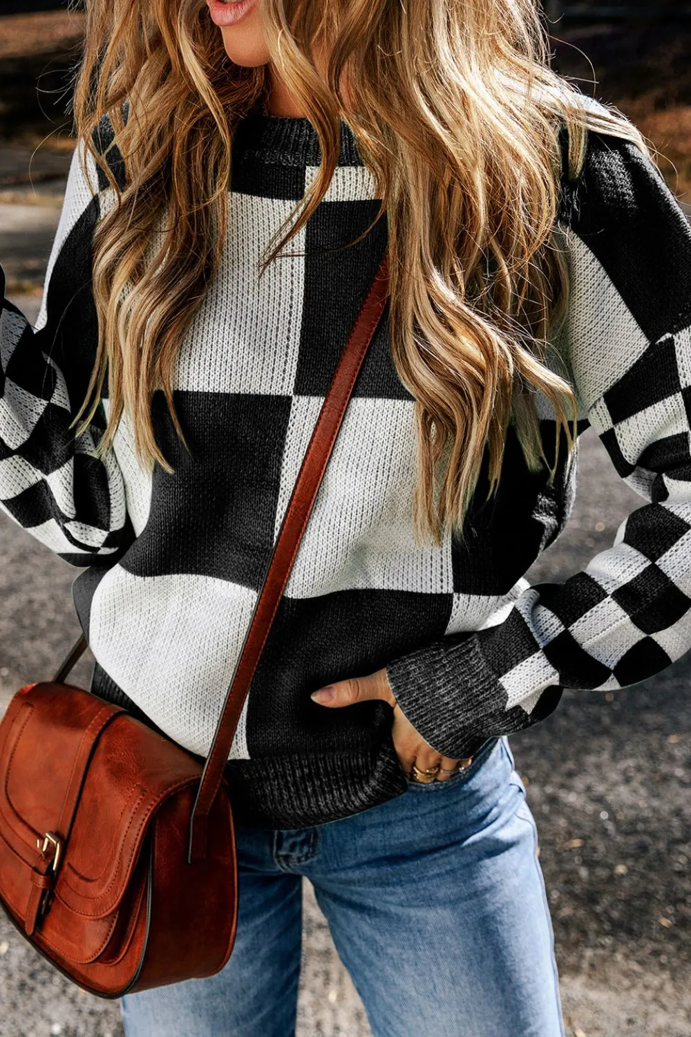 Checkered Round Neck Drop Shoulder Sweater, image 16