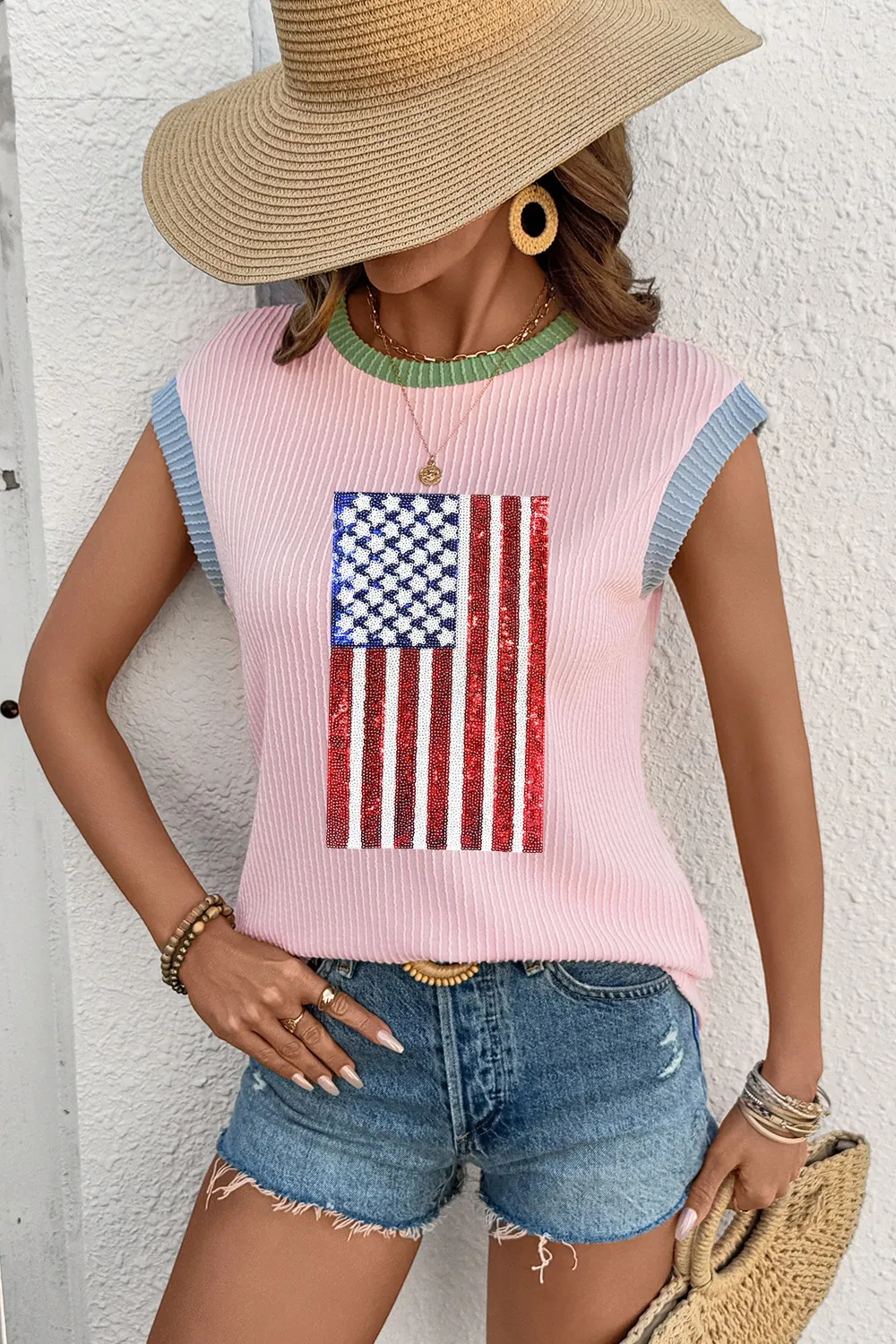 Colorblock Edge Twisted Rib Texture Sequin American Flag Casual T Shirt, image 3