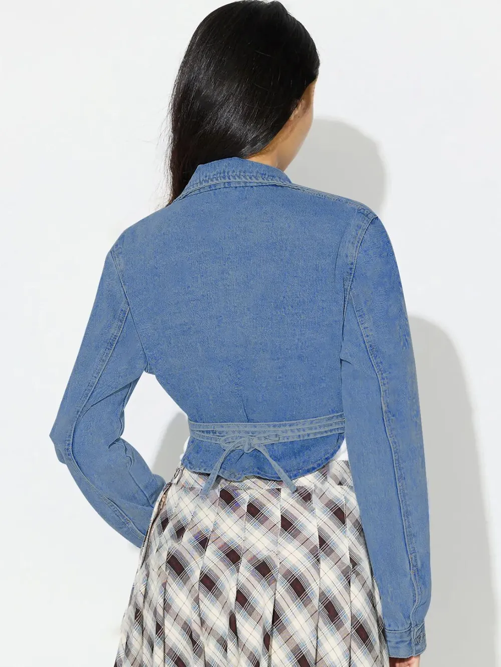 Asymmetric Slit Collared Neck Long Denim Top, image 9