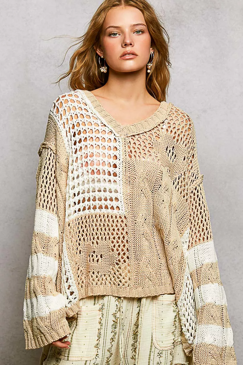 Color-Blocked Stripe Pattern Knit Top with Twisted Weave