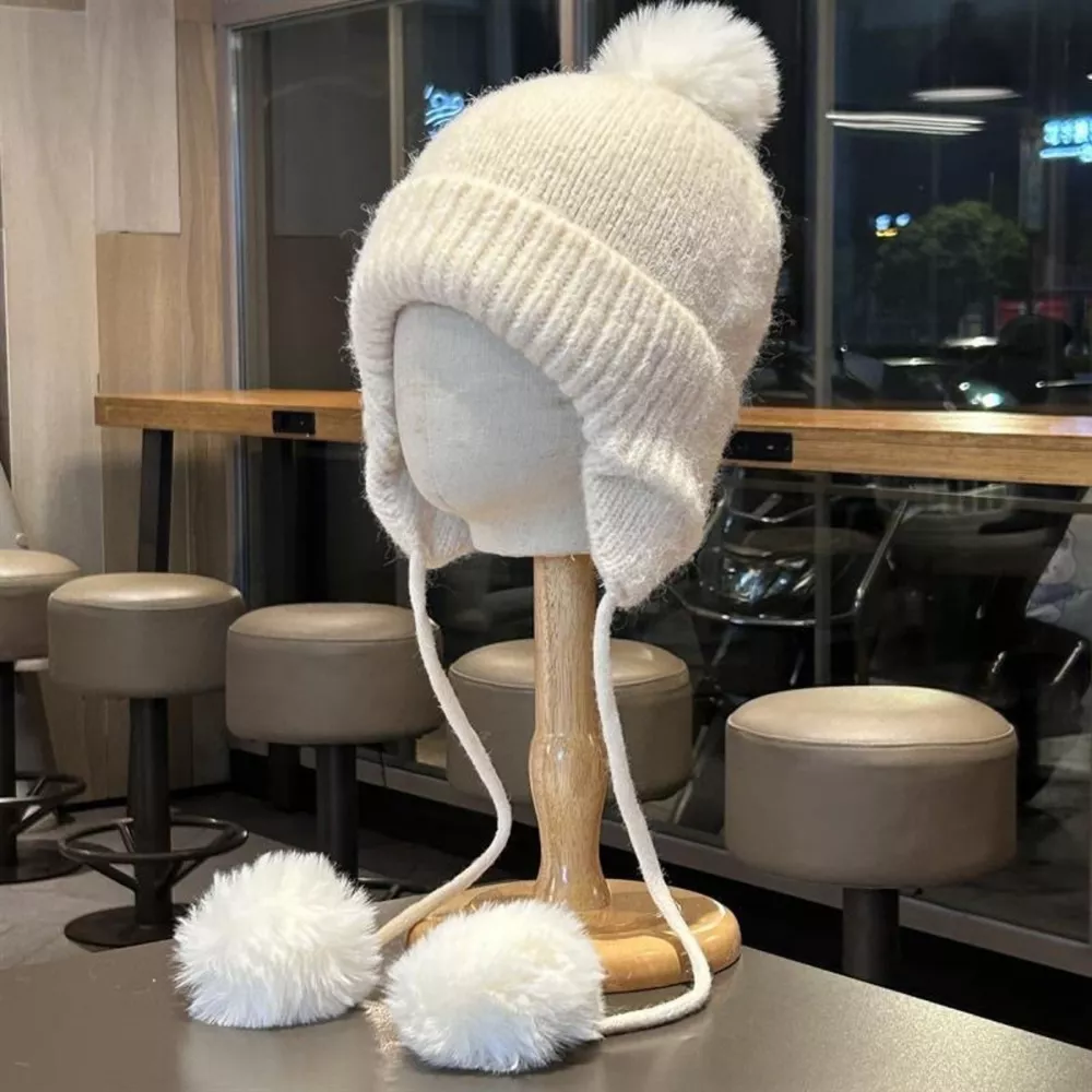 Warm Knitted Beanie Hat with Pom Pom Ear Flaps, image 3