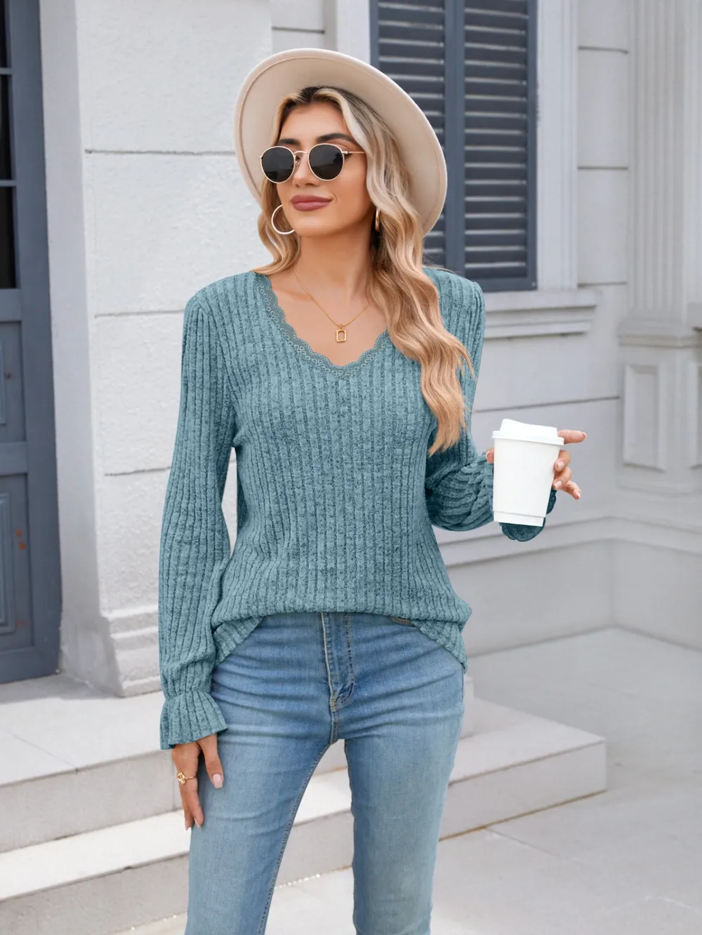 Lace Detail V-Neck Long Sleeve T-Shirt, image 29