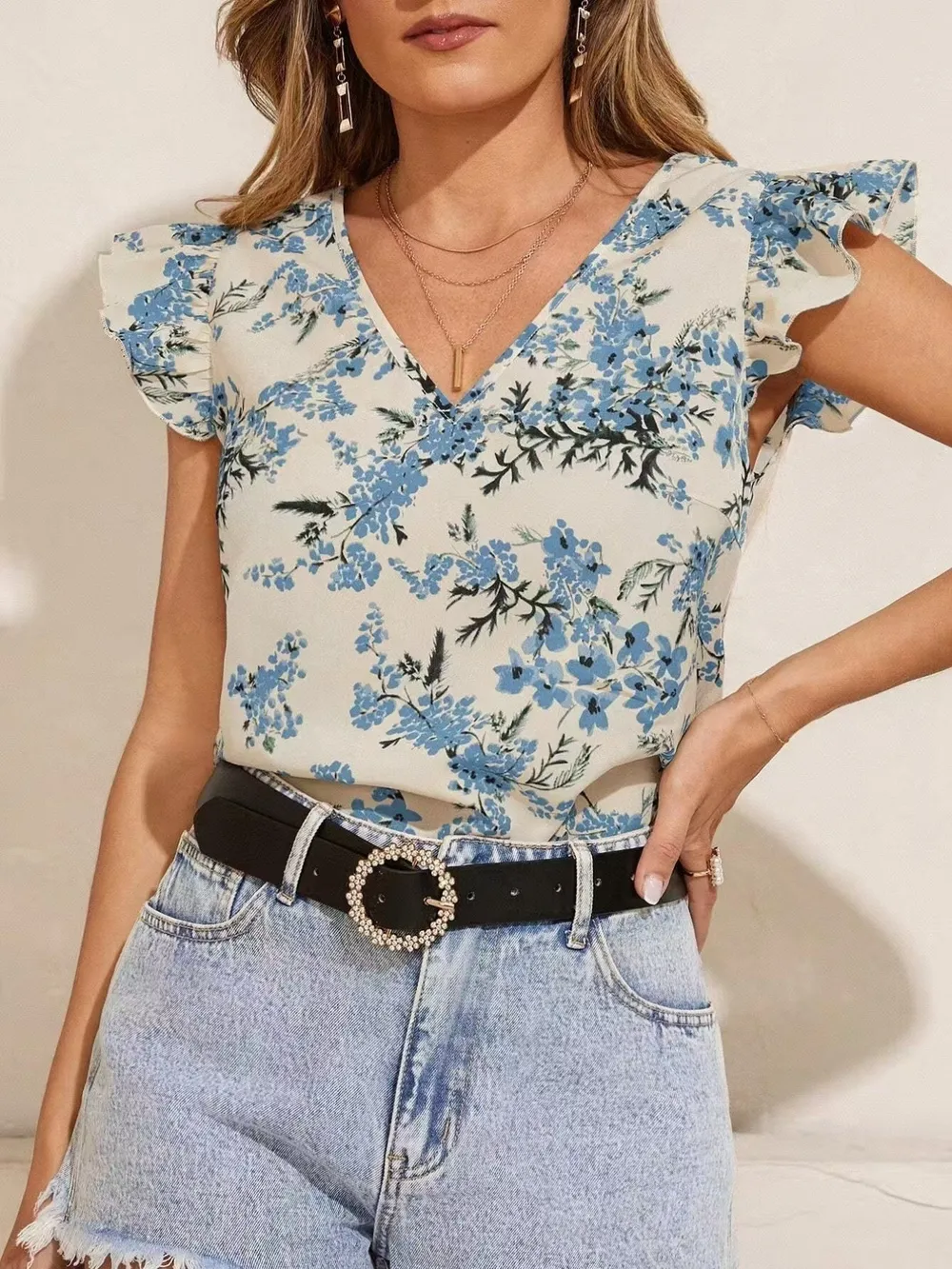 Floral Print Ruffle Sleeve V-Neck Blouse, image 3