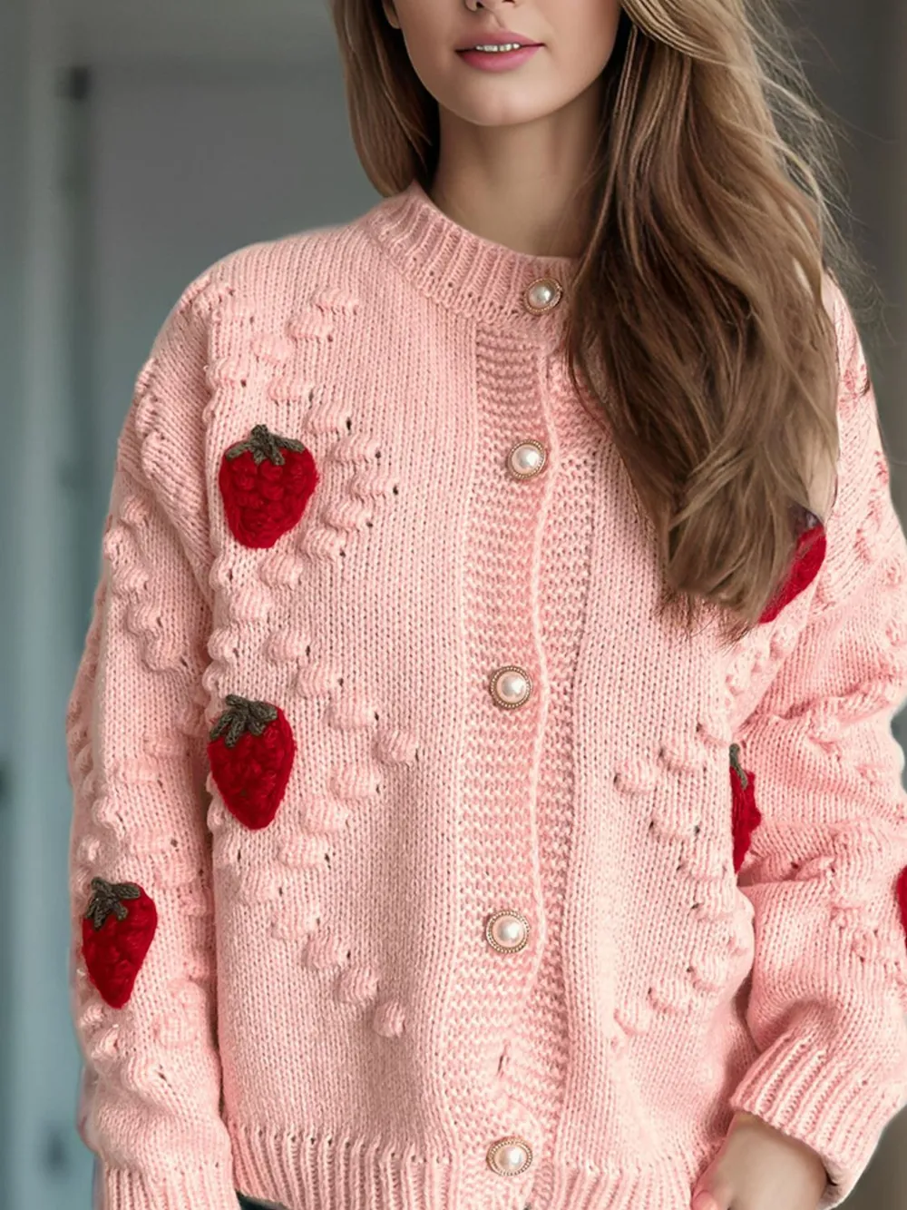 Strawberry Button Down Long Sleeve Cardigan, image 7