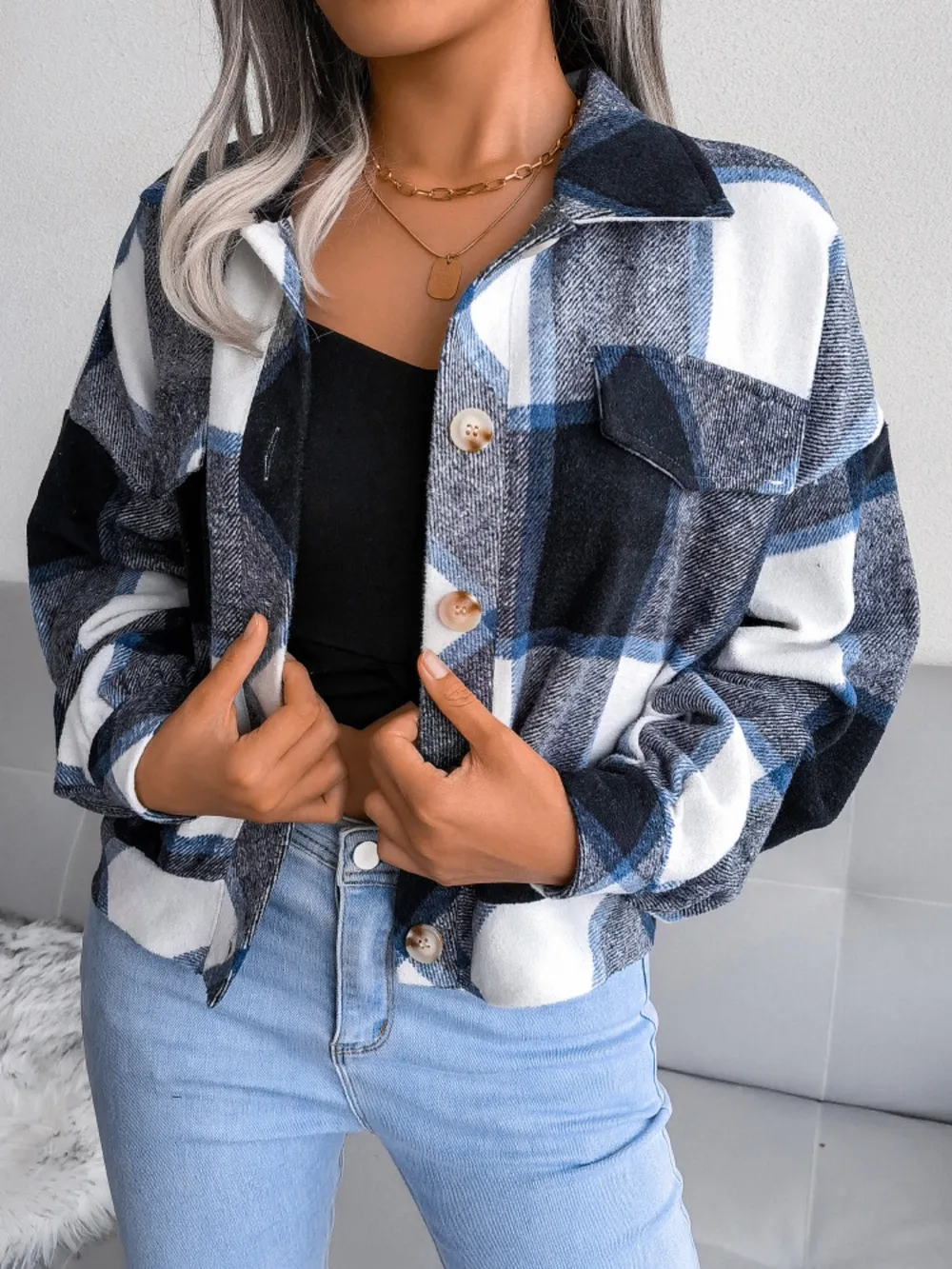 Plaid Collared Neck Long Sleeve Jacket, image 3