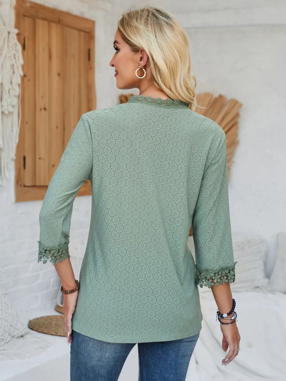 Lace Detail V-Neck Three-Quarter Sleeve Blouse, image 9