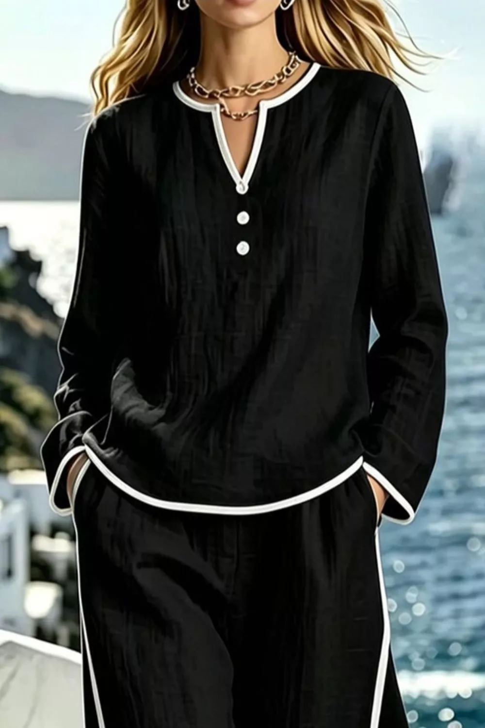 Contrast Trim Long Sleeve Top and Pants Set, image 9