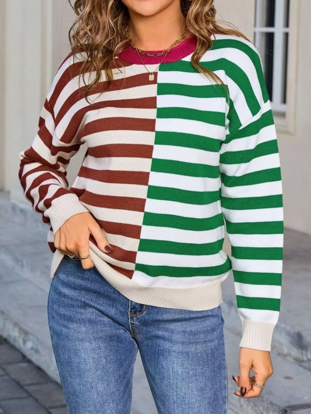 Striped Round Neck Long Sleeve Sweater, image 12