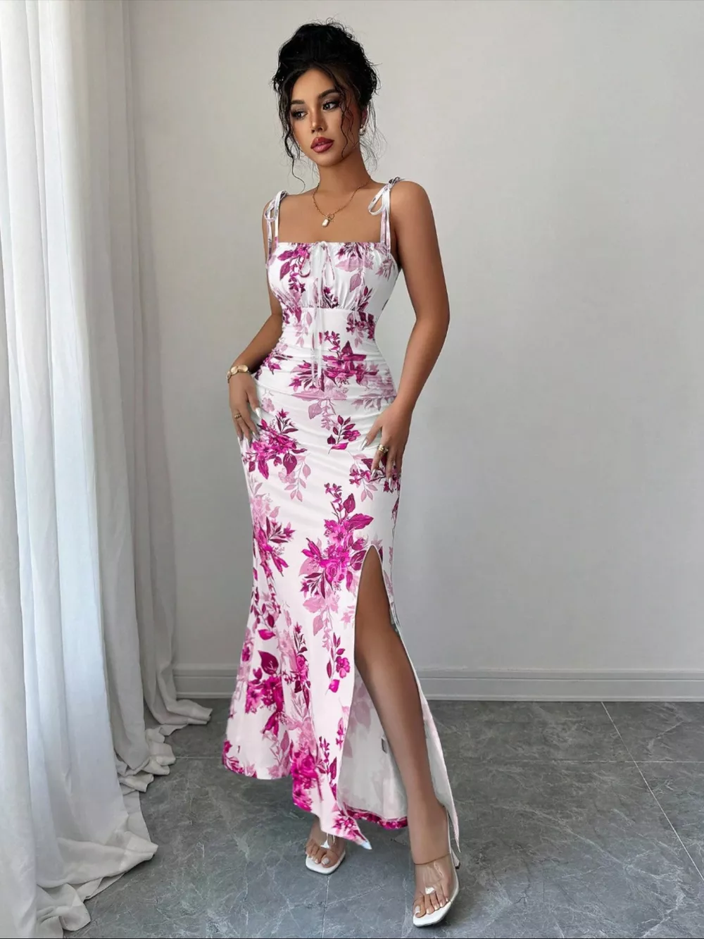 Printed Tie Strap Slit Maxi Dress, image 2