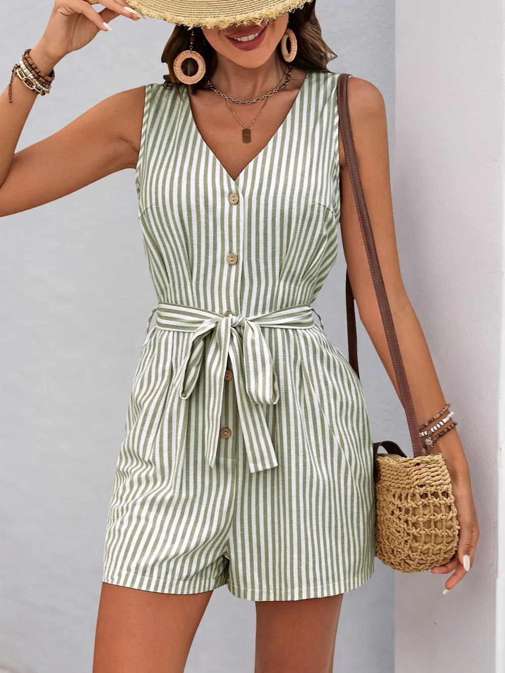 Striped V-Neck Tie Waist Romper, image 15