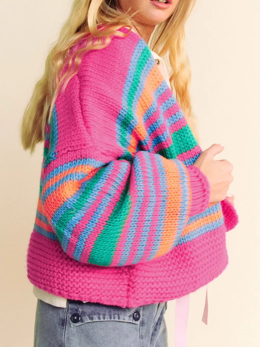 Stripe Colorful Puff Sleeve Drop Shoulder Loose Cardigan, image 2
