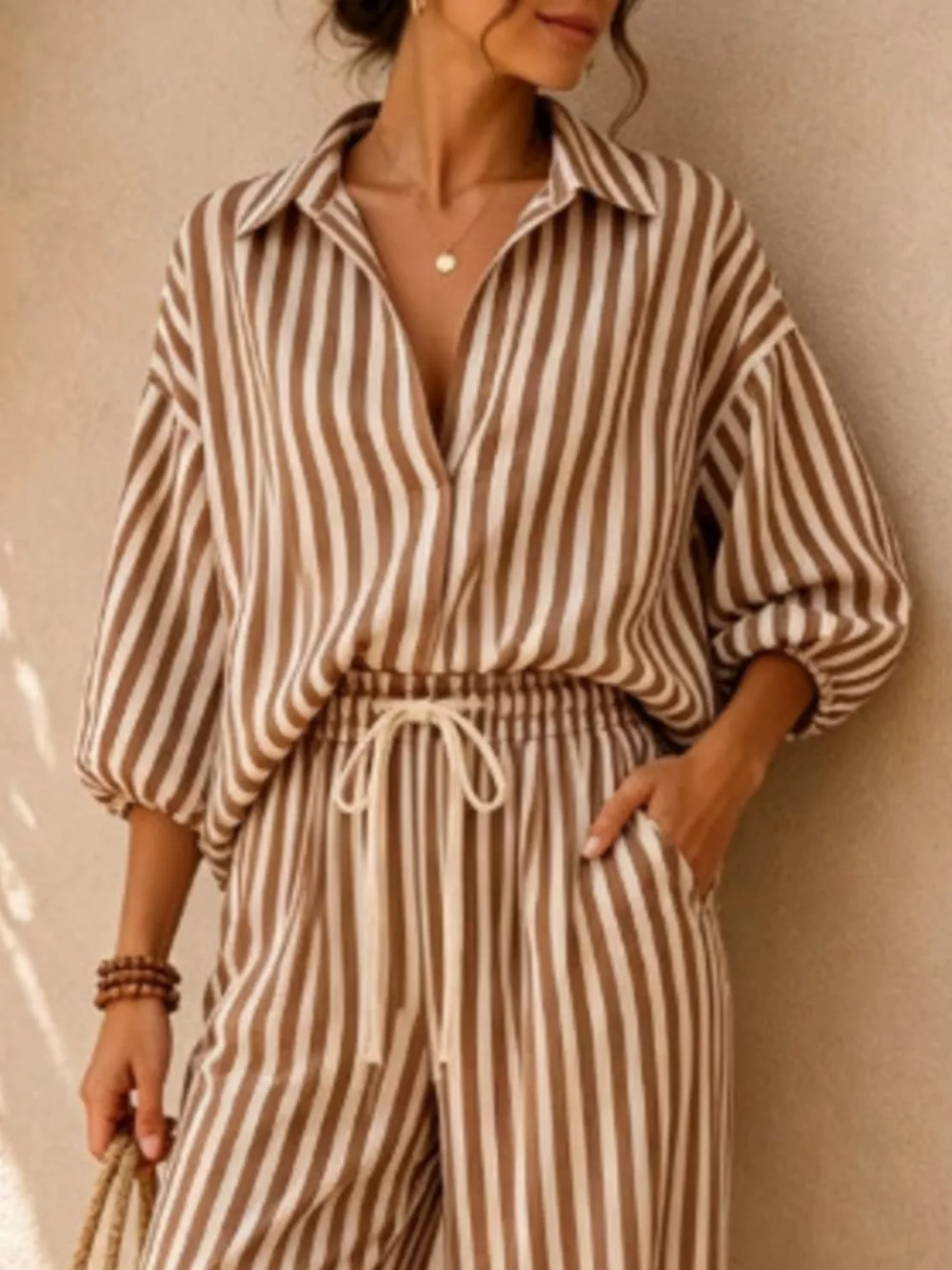 Striped Collared Shirt and Wide-Leg Drawstring Pants Set, image 5