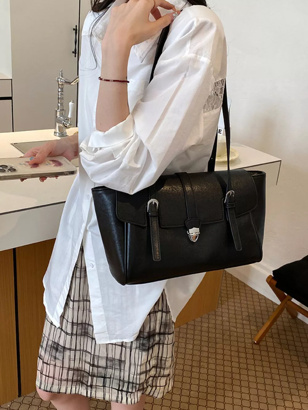PU Leather Tote Bag with Buckle Detail, image 3
