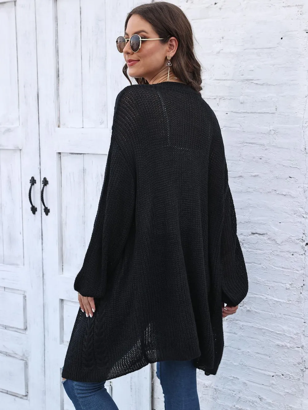 Cable-Knit Open Front Long Sleeve Cardigan, image 3