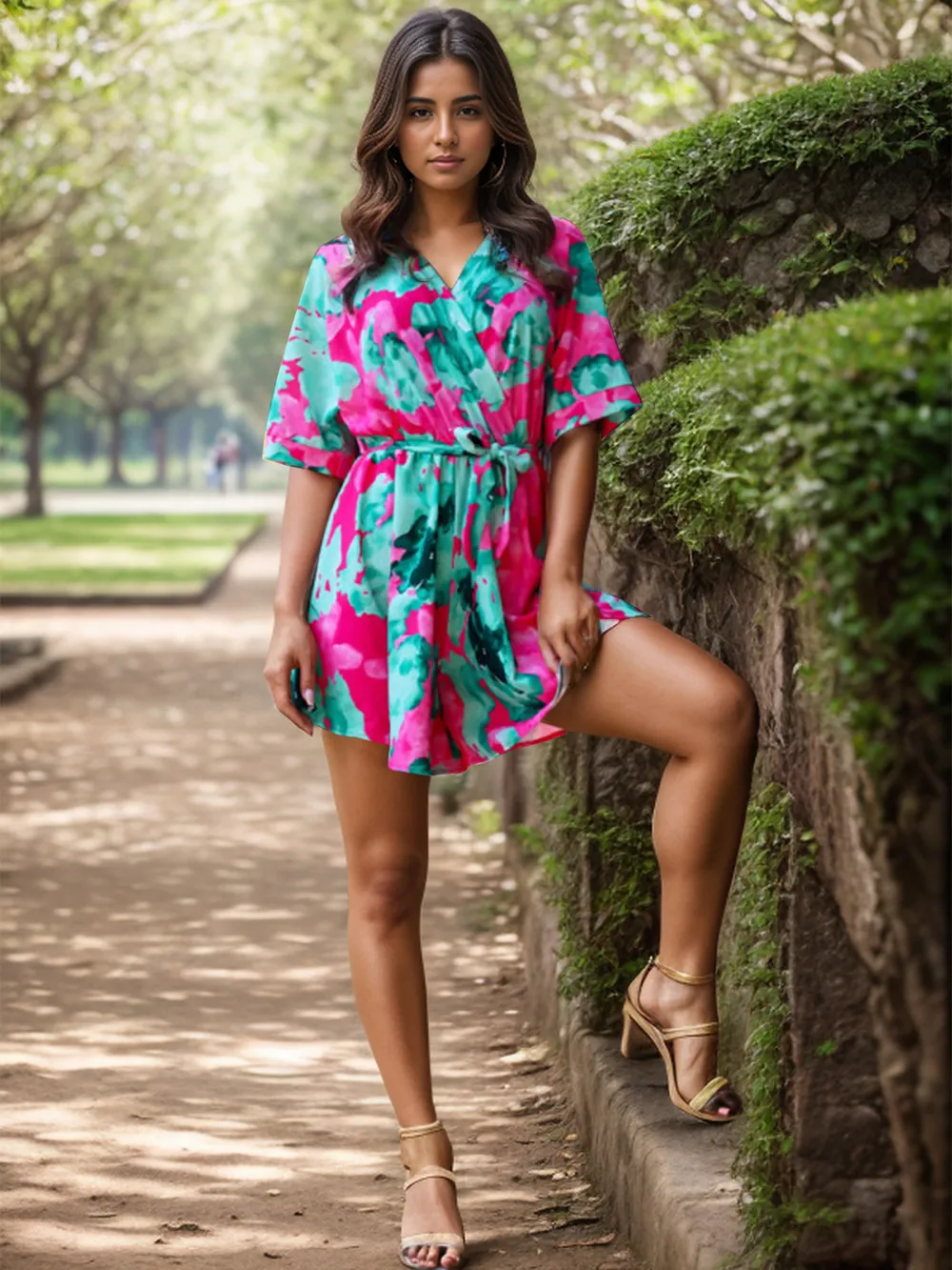 Printed Surplice Half Sleeve Romper, image 4