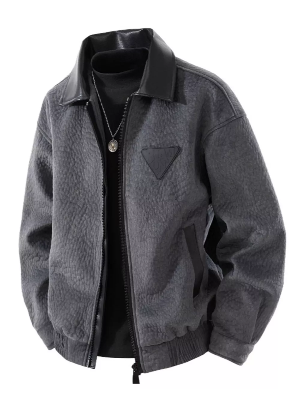 Men's Plus Size Leather Trimmed Zip Up Jacket