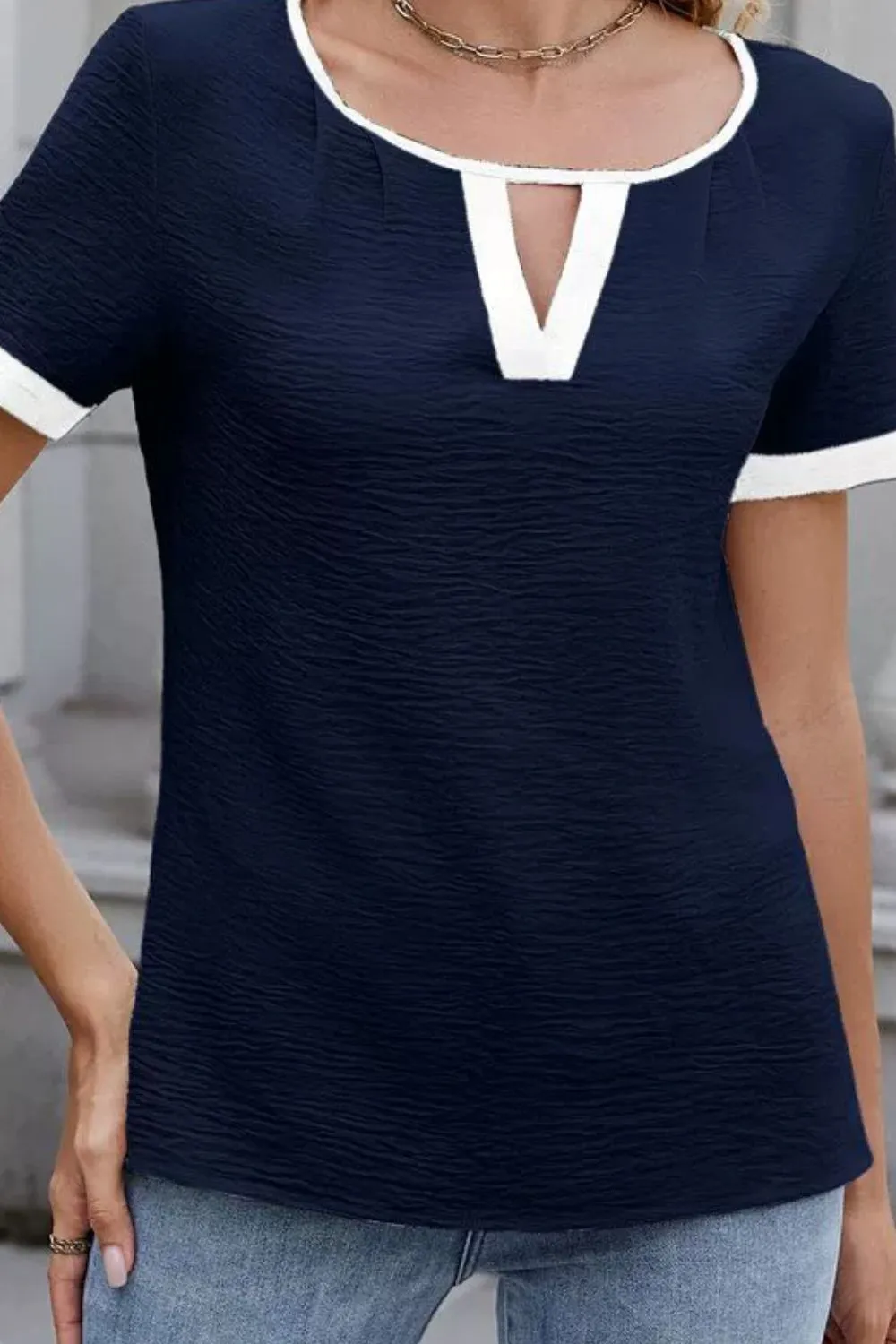 Cutout Round Neck Short Sleeve Blouse, image 13